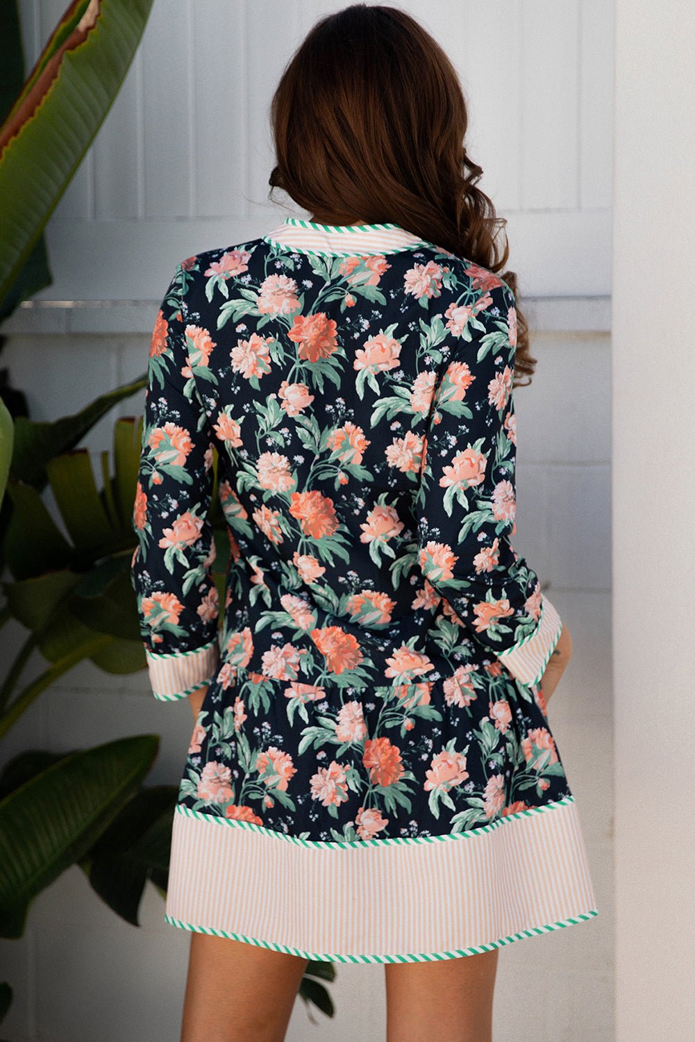 Blue Floral Print Striped Trim V Neck Long Sleeve Ruffle Hem Shift Mini Dress - MAD RUFFI