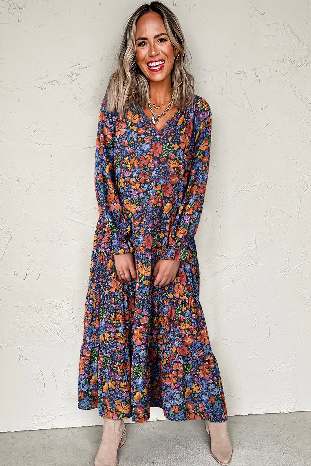 Blue Floral Print V Neck Long Sleeve Flowy Maxi Dress - MAD RUFFI