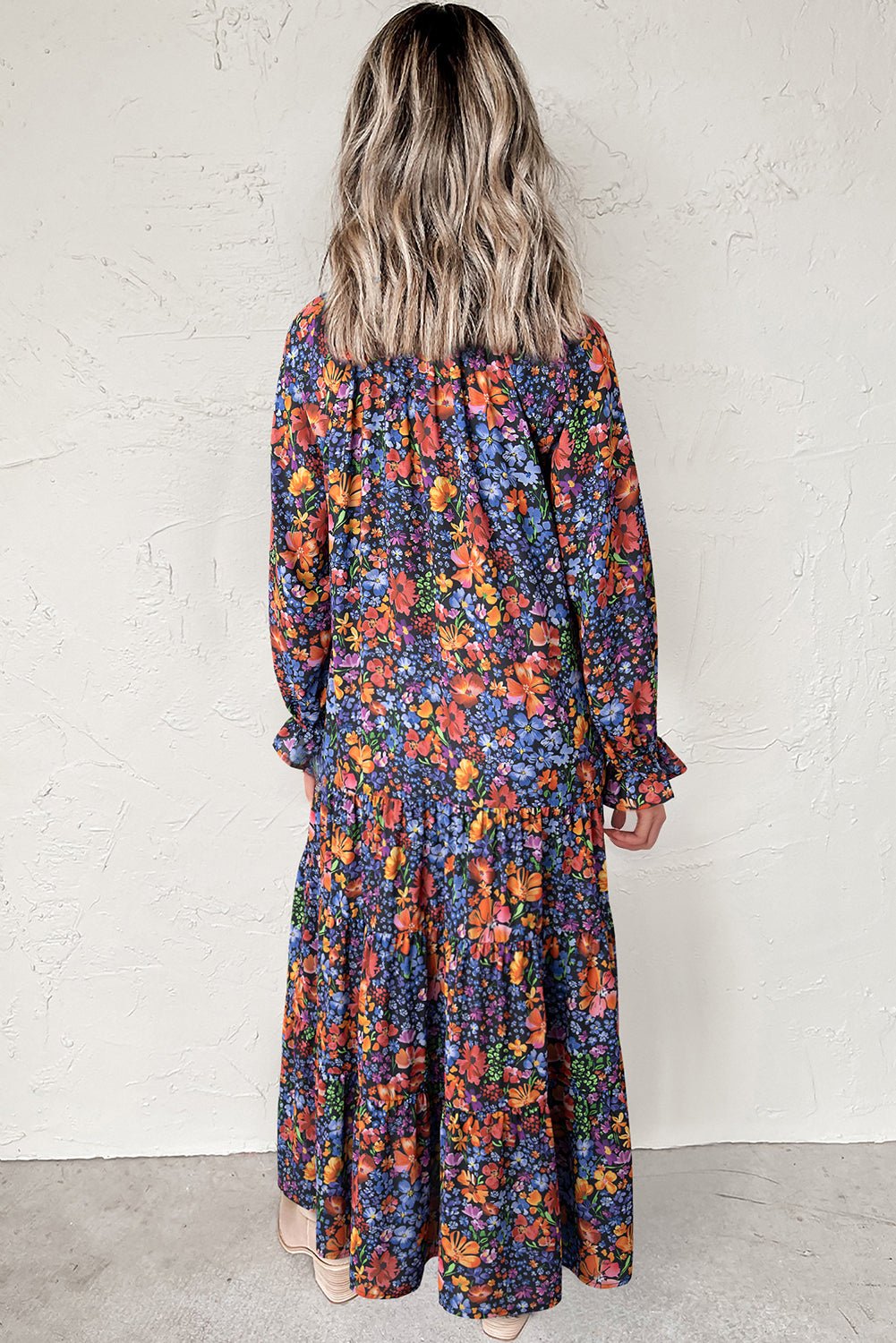 Blue Floral Print V Neck Long Sleeve Flowy Maxi Dress - MAD RUFFI