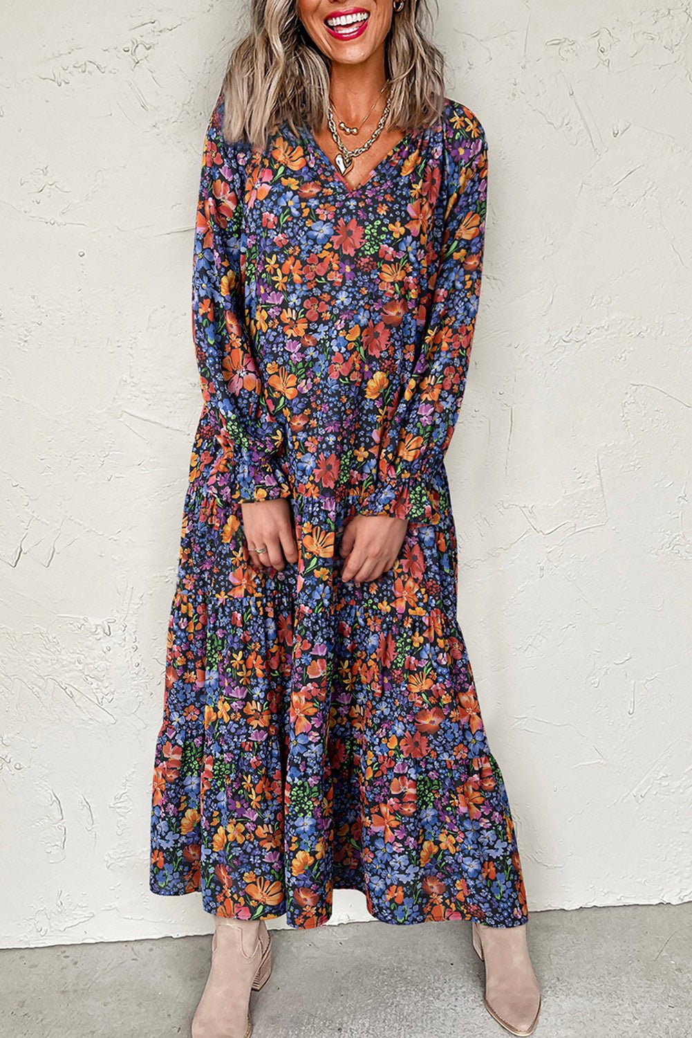 Blue Floral Print V Neck Long Sleeve Flowy Maxi Dress - MAD RUFFI
