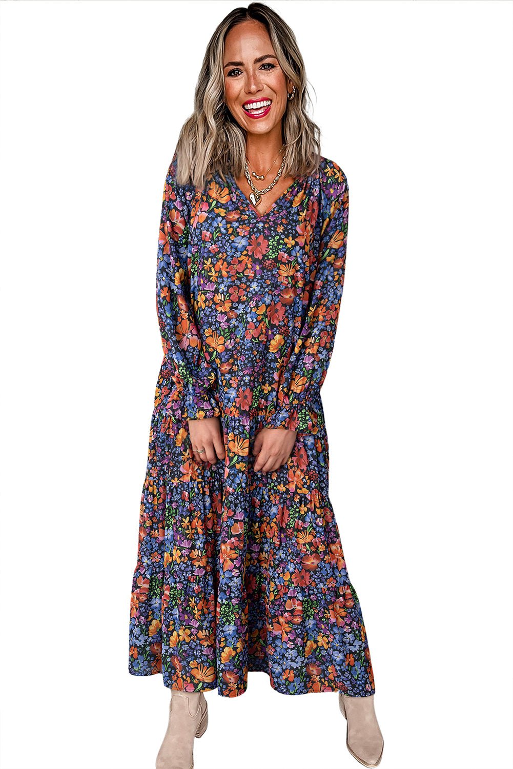 Blue Floral Print V Neck Long Sleeve Flowy Maxi Dress - MAD RUFFI