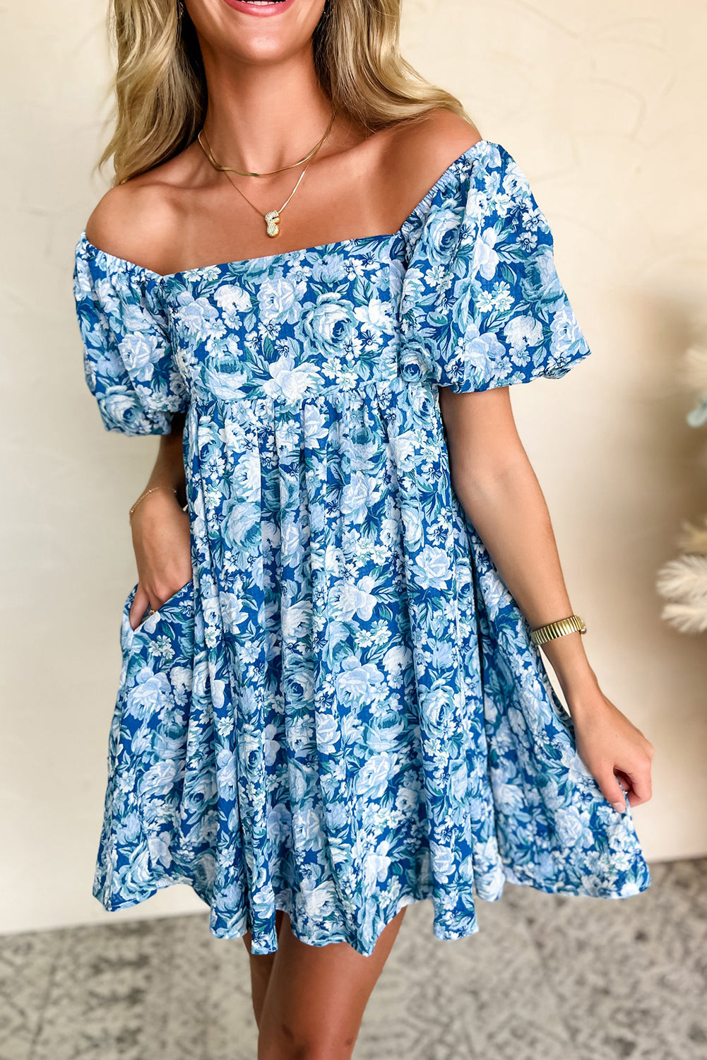 Blue Floral Puff Sleeve Babydoll Mini Dress - MAD RUFFI