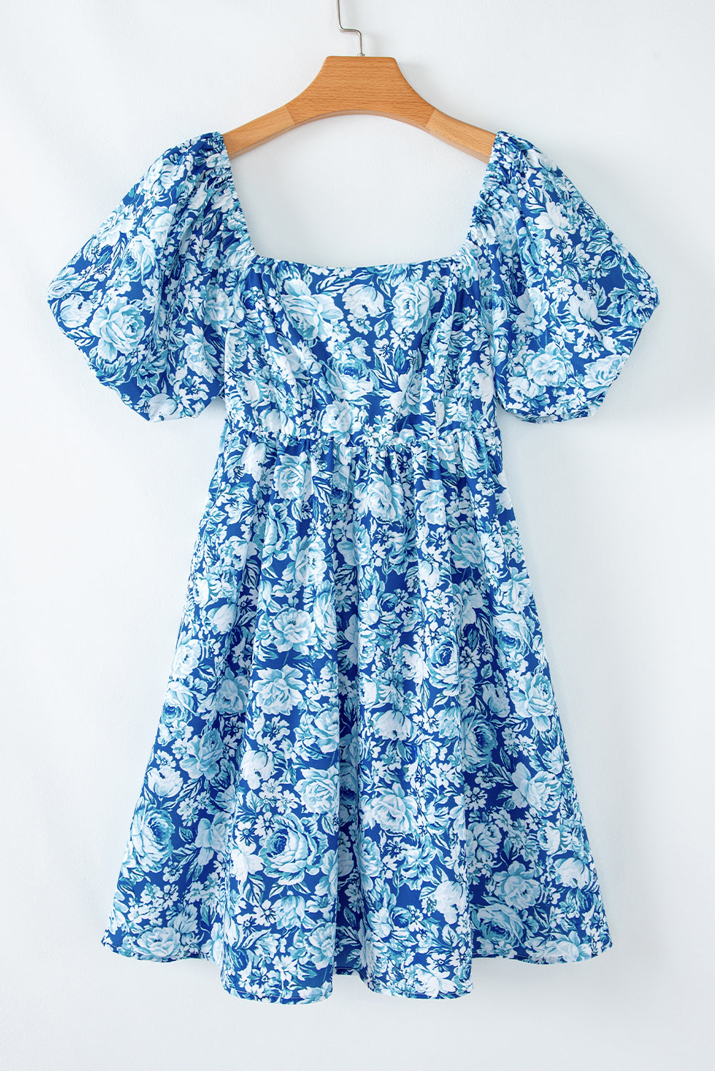 Blue Floral Puff Sleeve Babydoll Mini Dress - MAD RUFFI