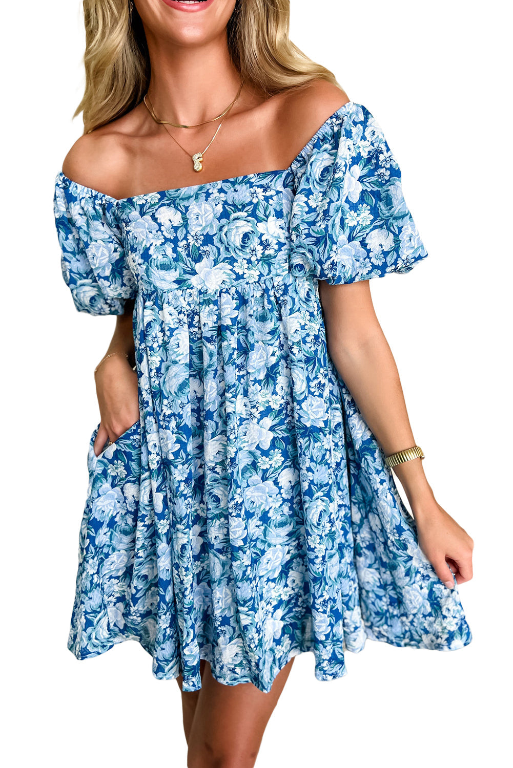 Blue Floral Puff Sleeve Babydoll Mini Dress - MAD RUFFI