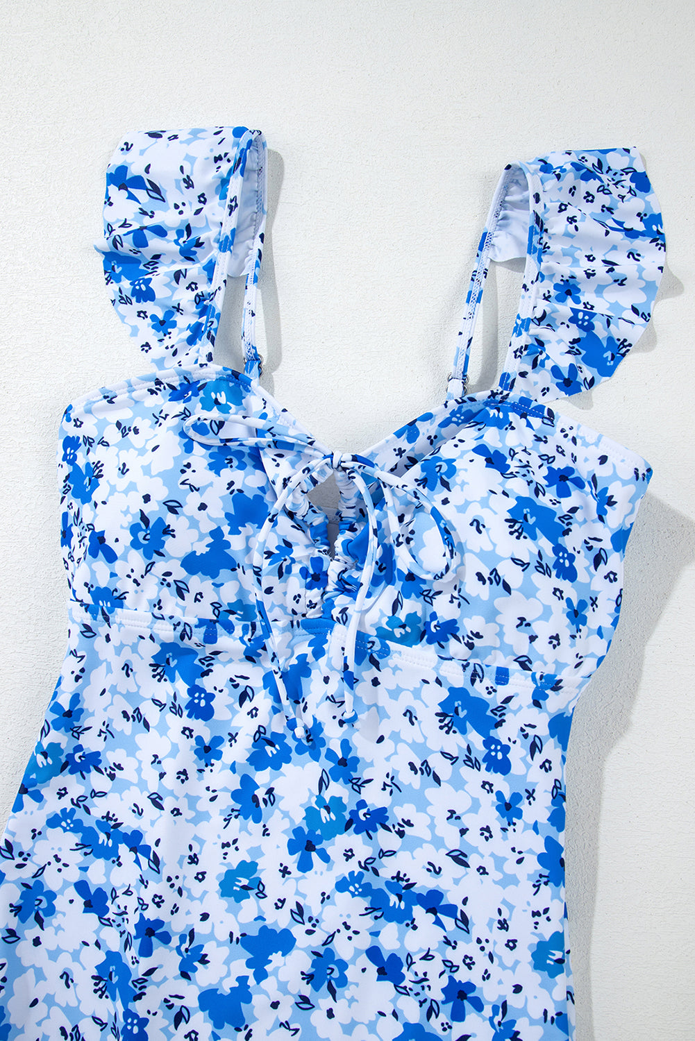 Blue Floral Ruffled Strap Lace Up Hollow Out One Piece Swimsuit - One-Piece