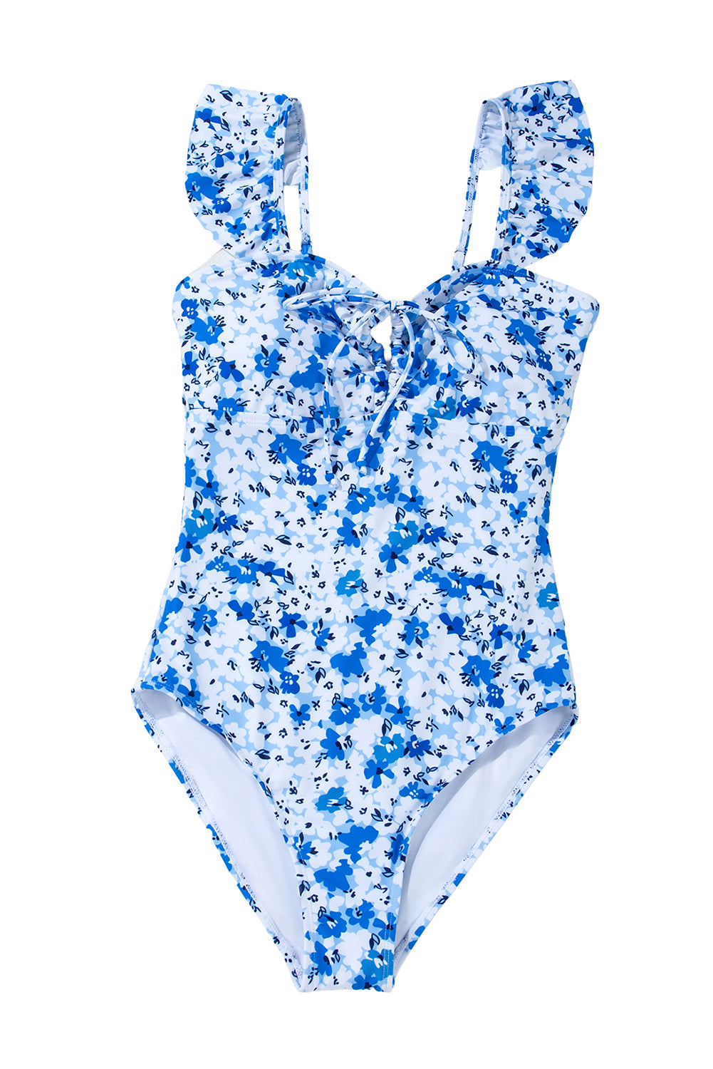 Blue Floral Ruffled Strap Lace Up Hollow Out One Piece Swimsuit - One-Piece