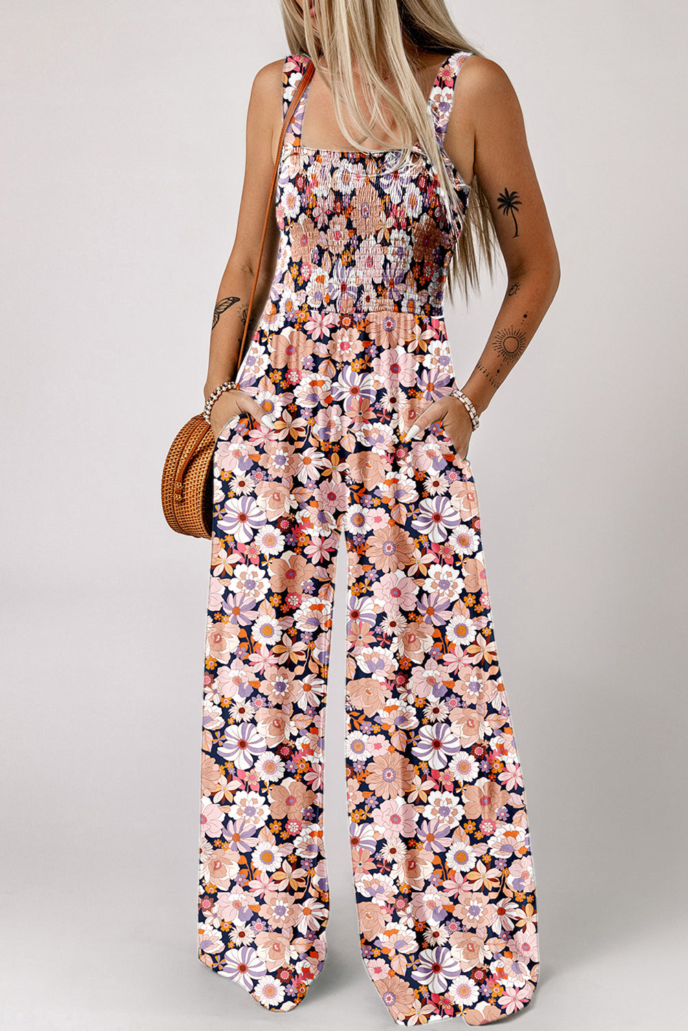 Blue Floral Square Neckline Stretch High Waist Jumpsuit - MAD RUFFI