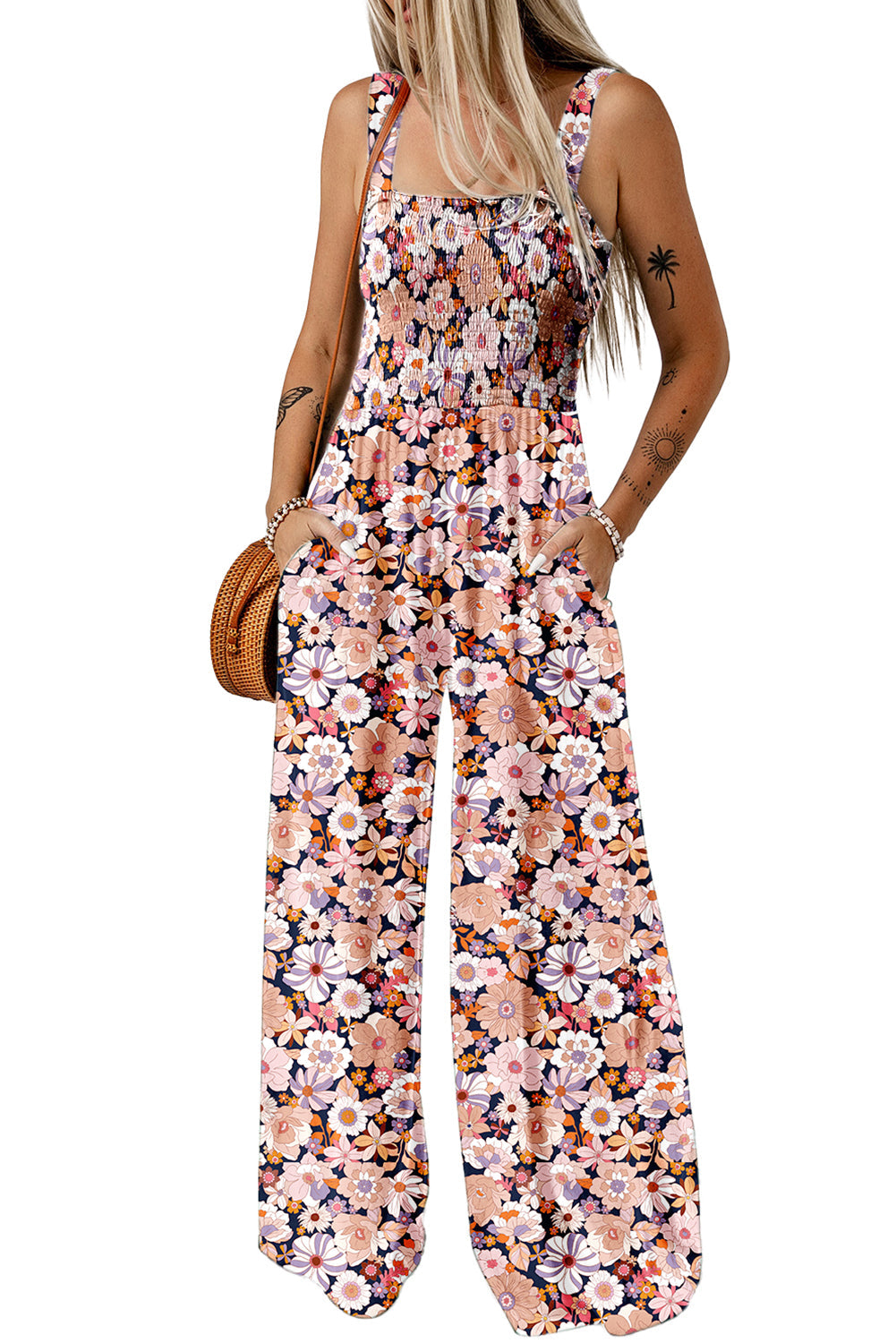 Blue Floral Square Neckline Stretch High Waist Jumpsuit - MAD RUFFI