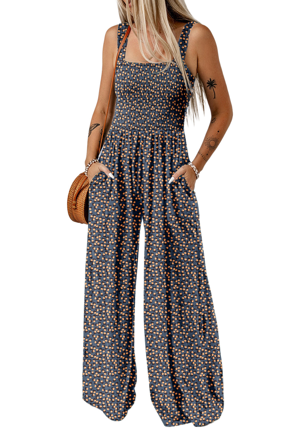 Blue Floral Square Neckline Stretch High Waist Jumpsuit - MAD RUFFI