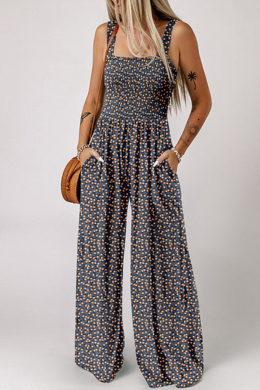 Blue Floral Square Neckline Stretch High Waist Jumpsuit - MAD RUFFI