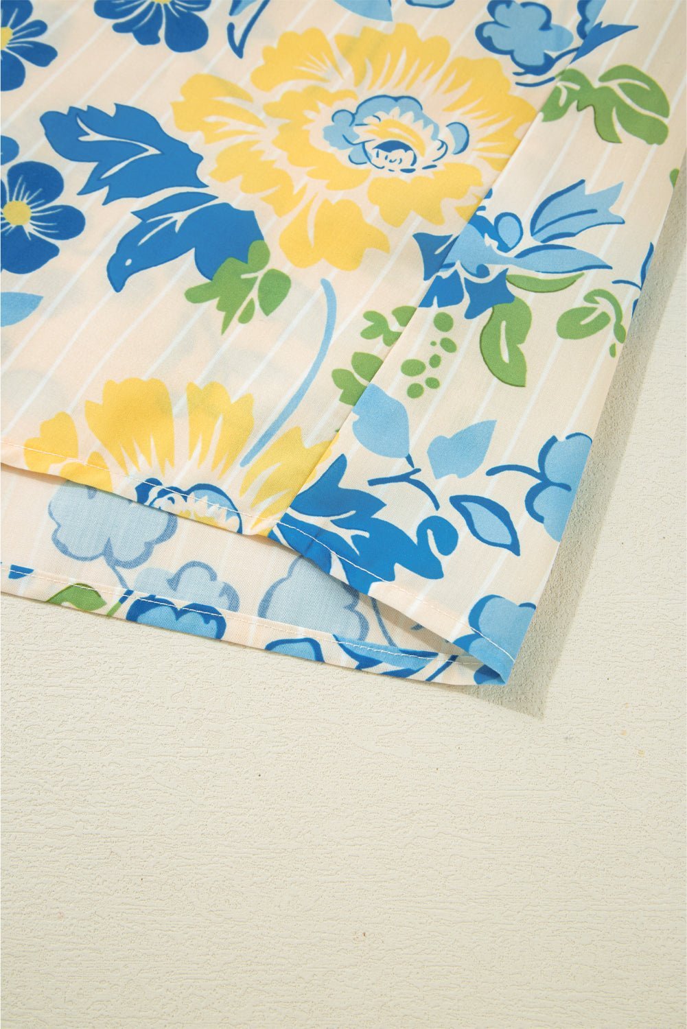 Blue Floral Striped Mixed Print Puff Sleeve Blouse - MAD RUFFI