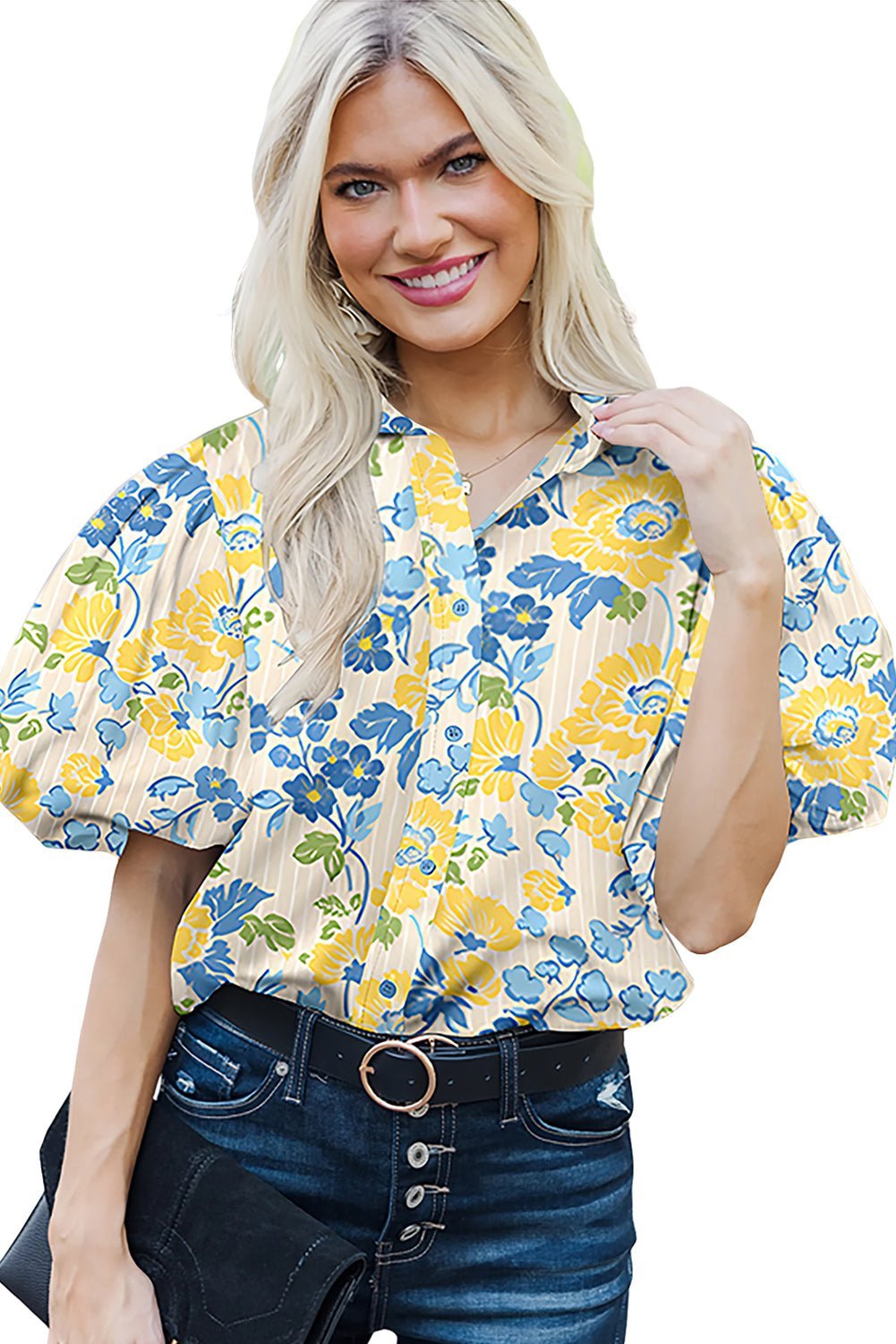 Blue Floral Striped Mixed Print Puff Sleeve Blouse - MAD RUFFI