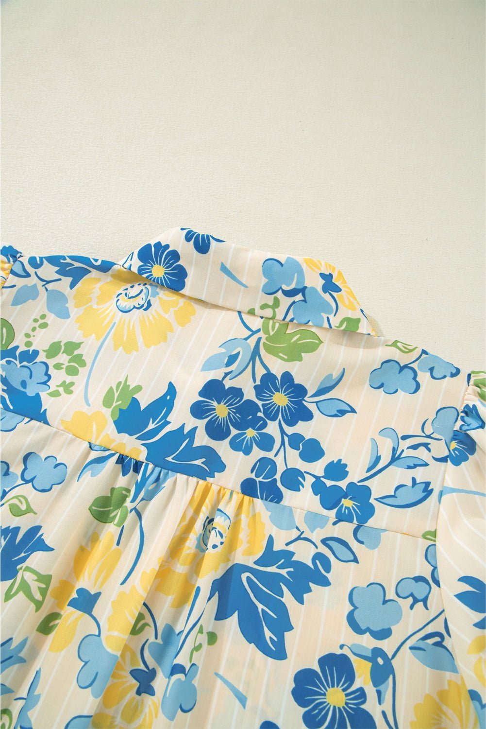 Blue Floral Striped Mixed Print Puff Sleeve Blouse - MAD RUFFI