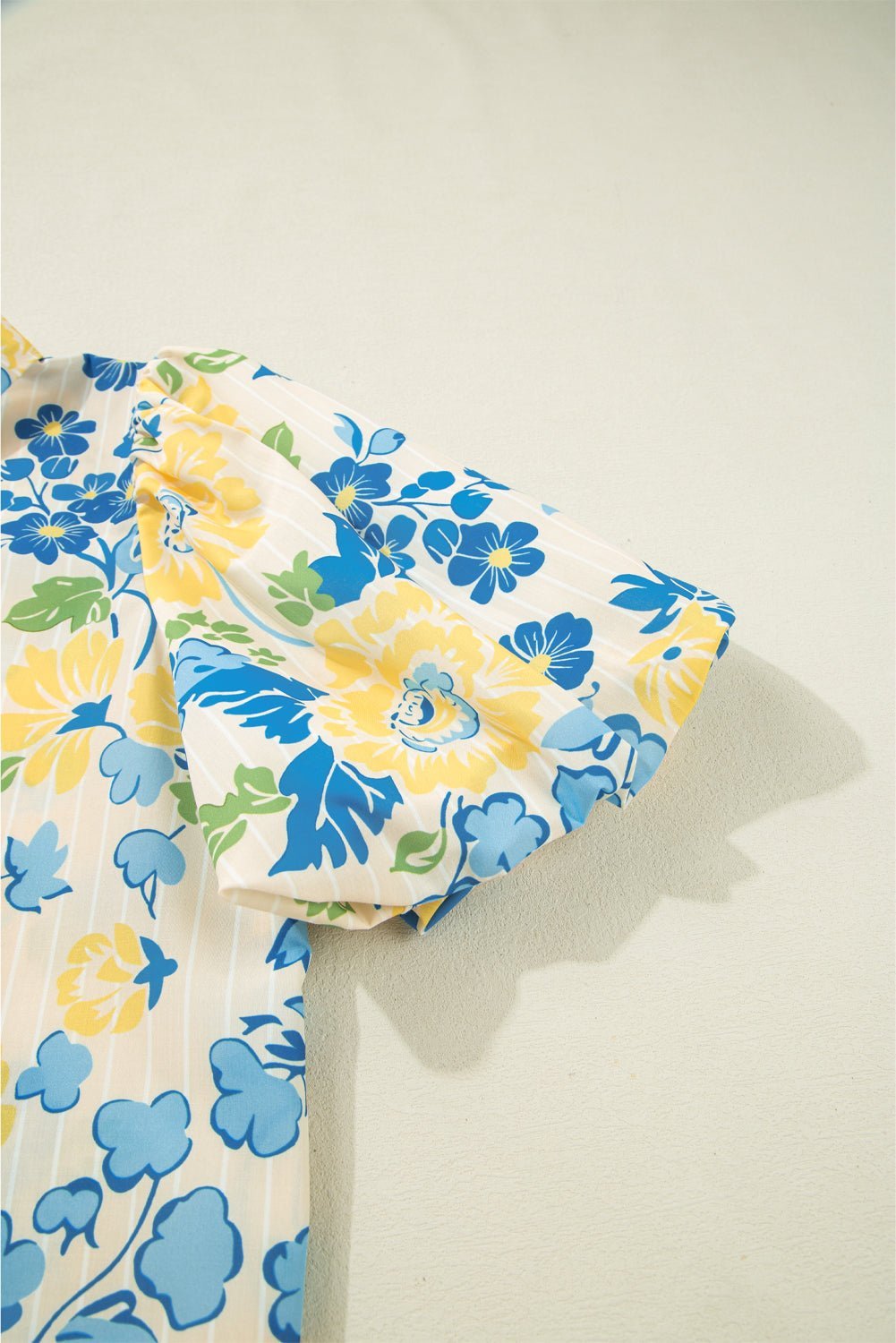 Blue Floral Striped Mixed Print Puff Sleeve Blouse - MAD RUFFI