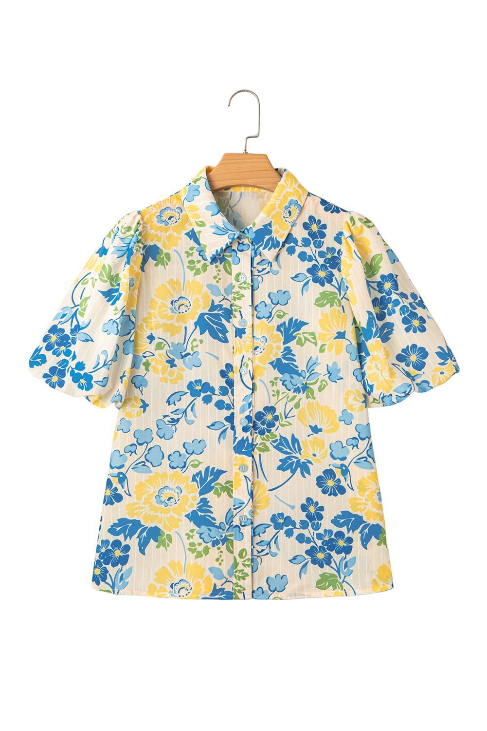 Blue Floral Striped Mixed Print Puff Sleeve Blouse - MAD RUFFI