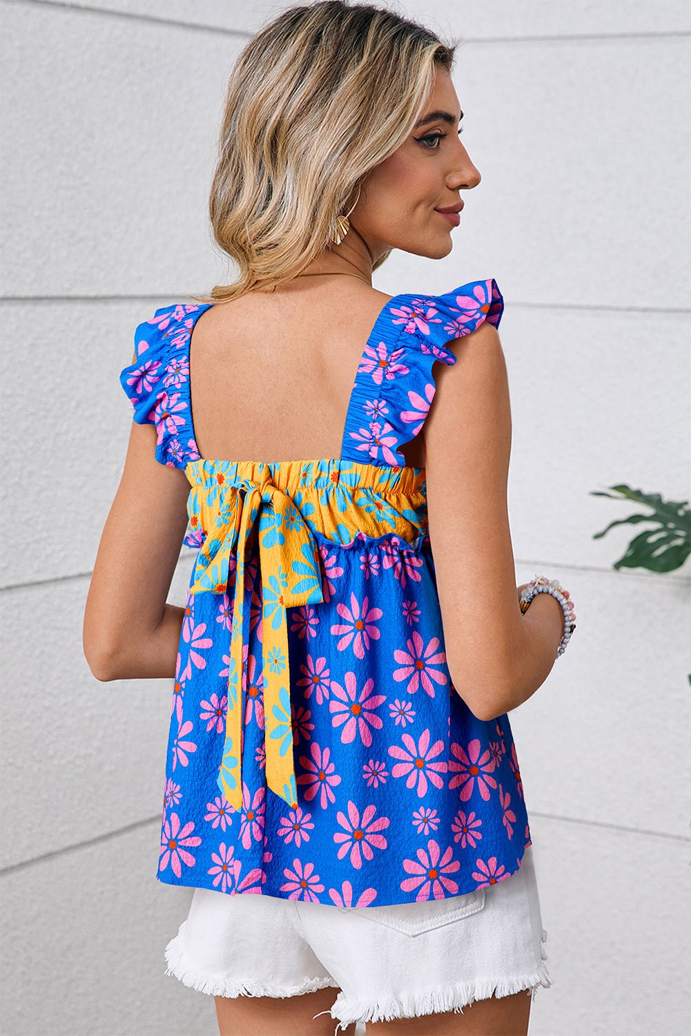 blue flower colorblock smocked flutter straps flowy top - MAD RUFFI