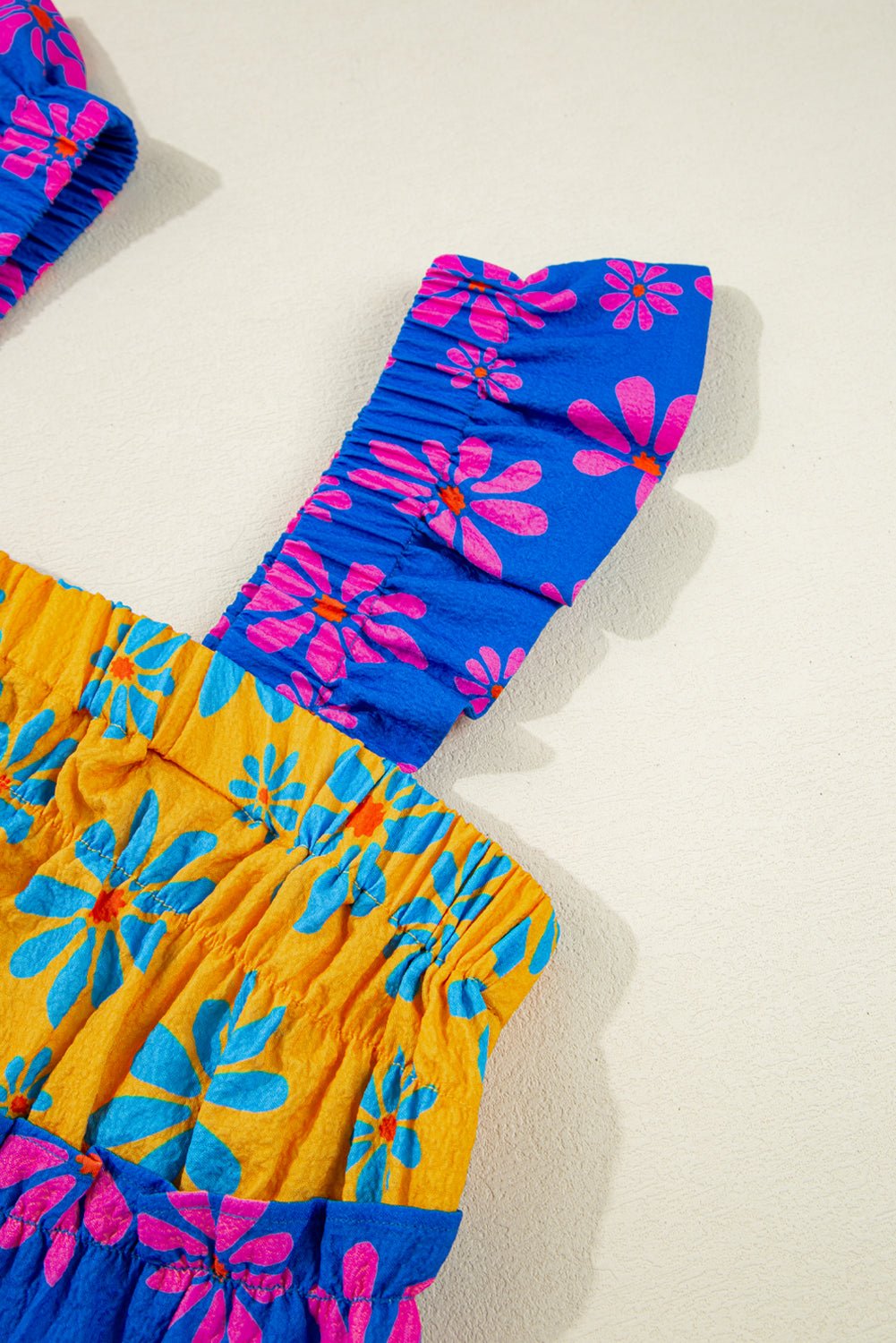 blue flower colorblock smocked flutter straps flowy top - MAD RUFFI