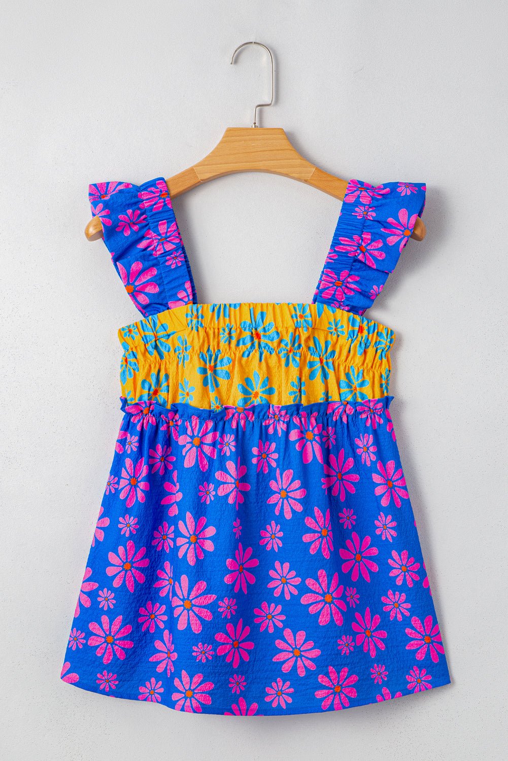 blue flower colorblock smocked flutter straps flowy top - MAD RUFFI