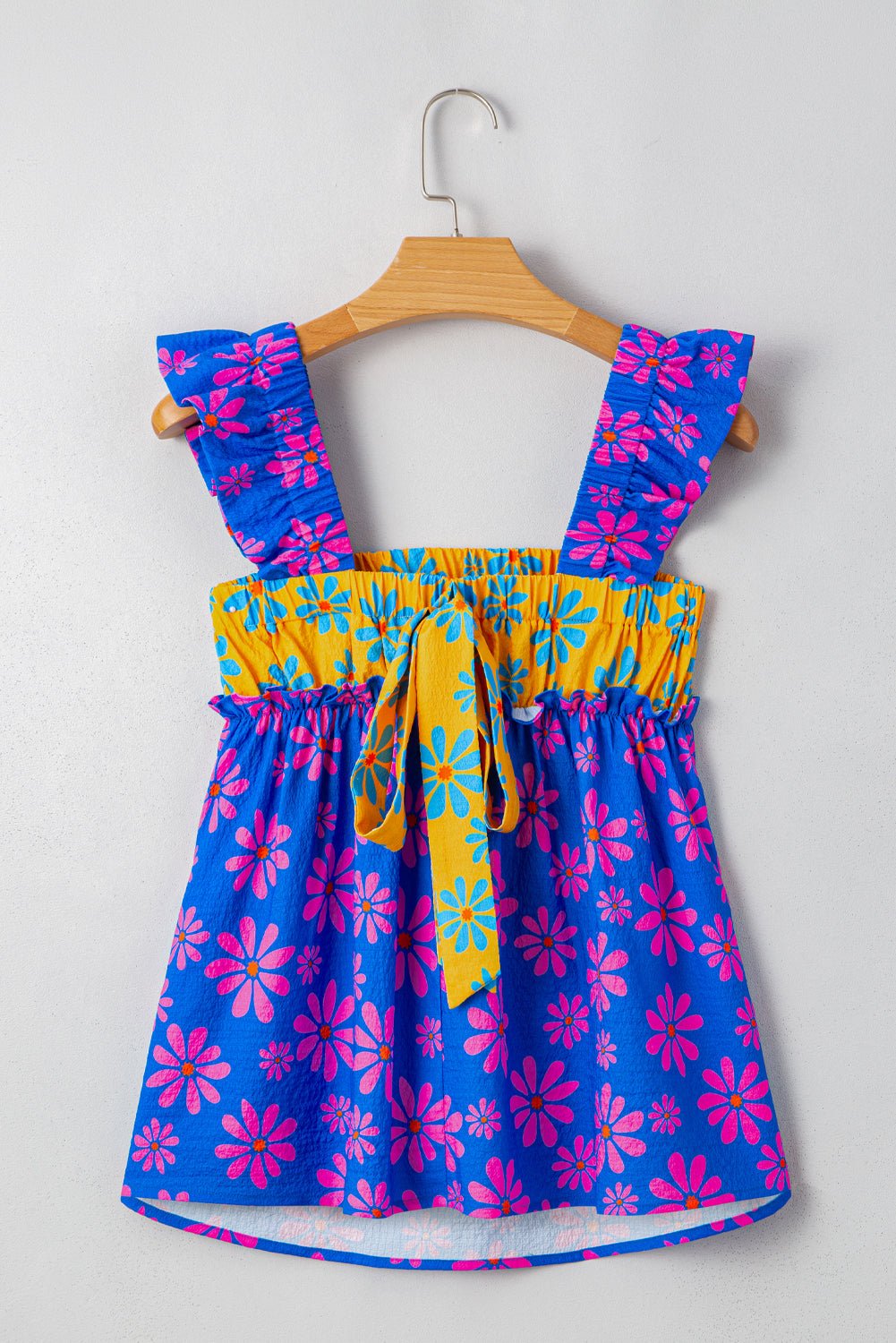 blue flower colorblock smocked flutter straps flowy top - MAD RUFFI