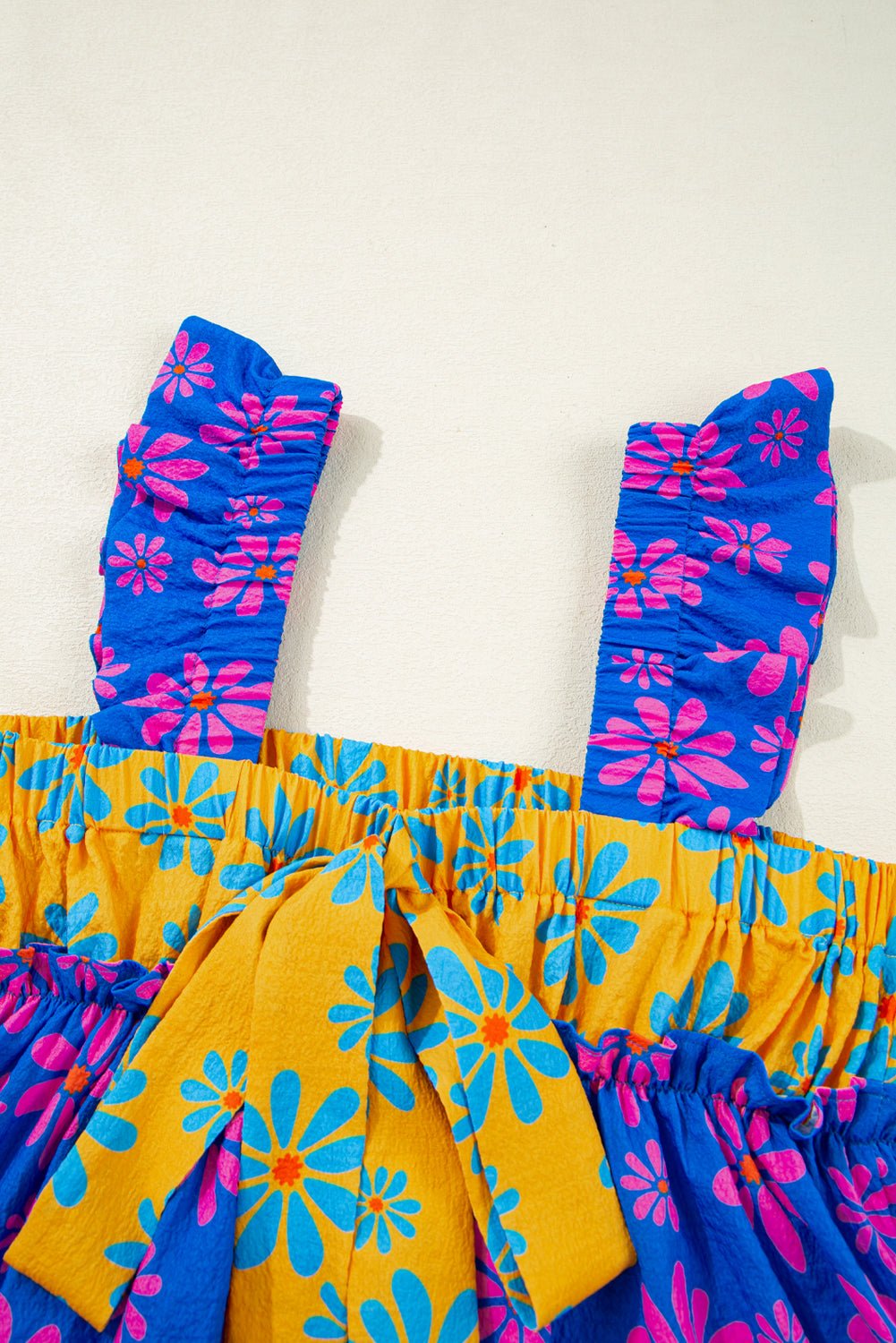 blue flower colorblock smocked flutter straps flowy top - MAD RUFFI