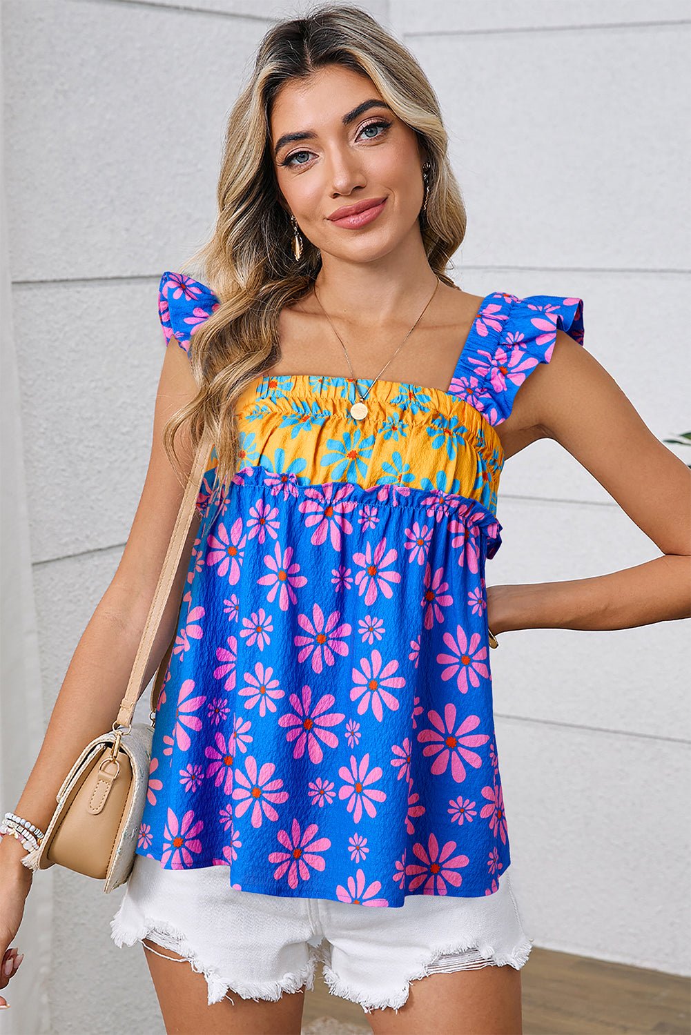 blue flower colorblock smocked flutter straps flowy top - MAD RUFFI