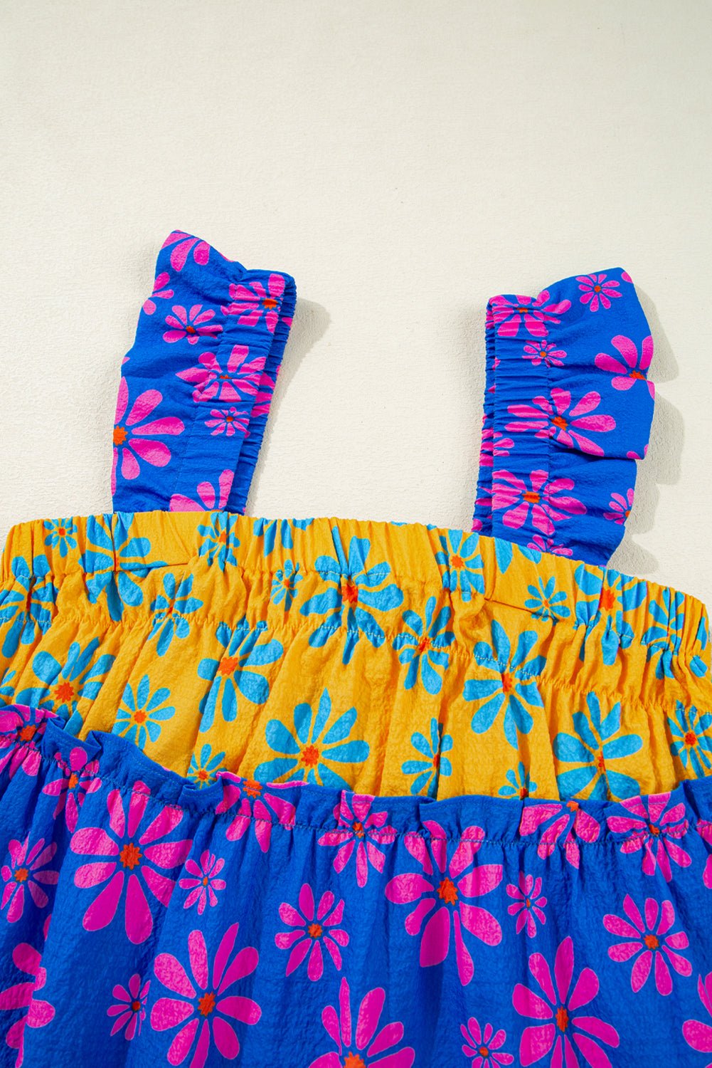 blue flower colorblock smocked flutter straps flowy top - MAD RUFFI