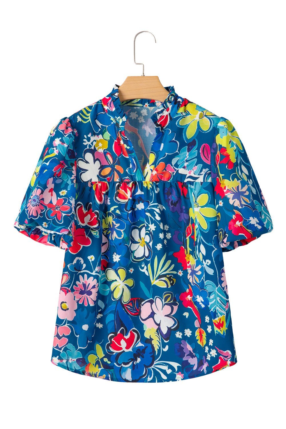 Blue Flower Print Notch V Neck Puff Sleeve Babydoll Blouse - MAD RUFFI