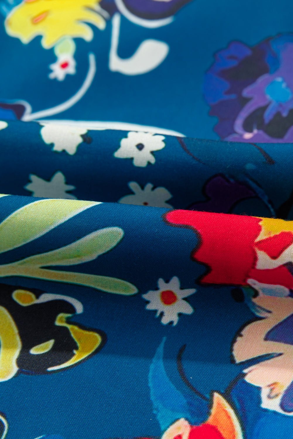 Blue Flower Print Notch V Neck Puff Sleeve Babydoll Blouse - MAD RUFFI