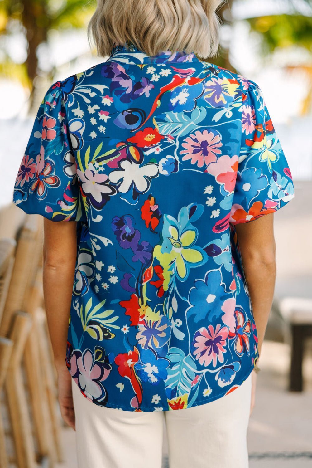 Blue Flower Print Notch V Neck Puff Sleeve Babydoll Blouse - MAD RUFFI