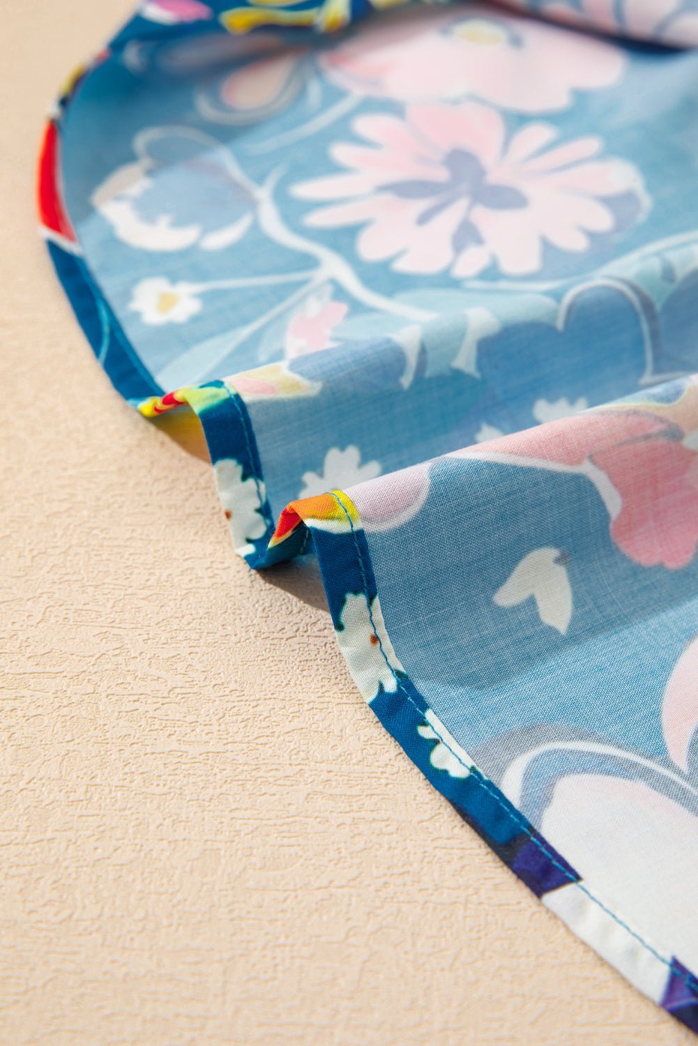 Blue Flower Print Notch V Neck Puff Sleeve Babydoll Blouse - MAD RUFFI