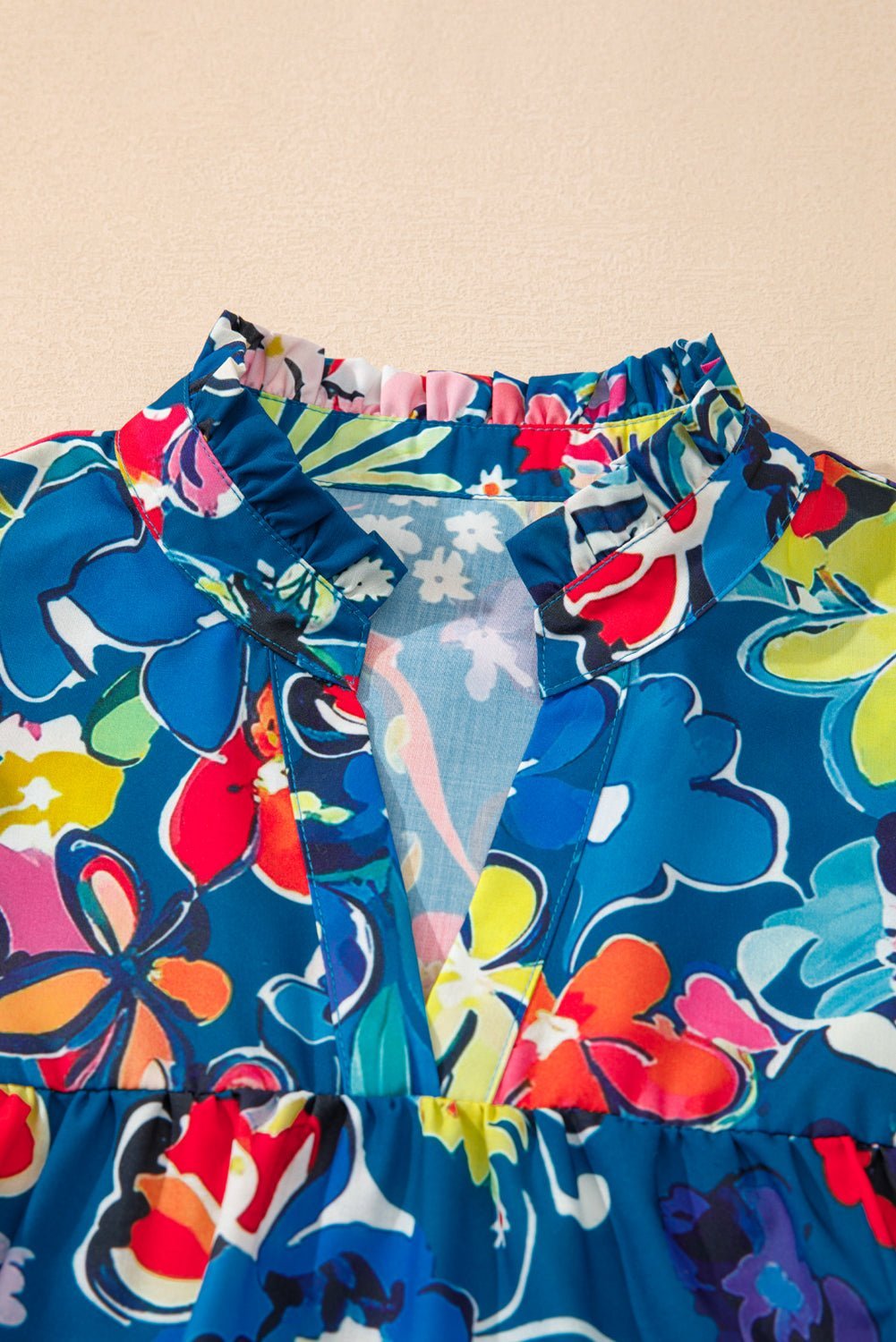 Blue Flower Print Notch V Neck Puff Sleeve Babydoll Blouse - MAD RUFFI