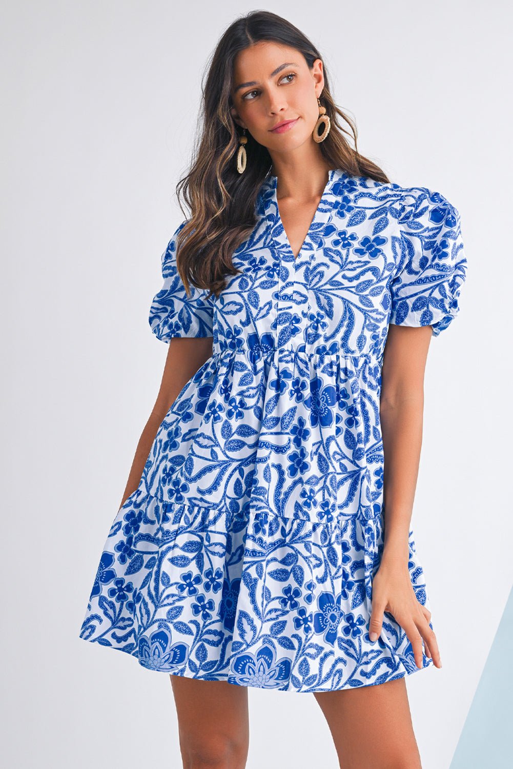 Blue Flower Print Puff Sleeve Ruffle Mini Dress - MAD RUFFI