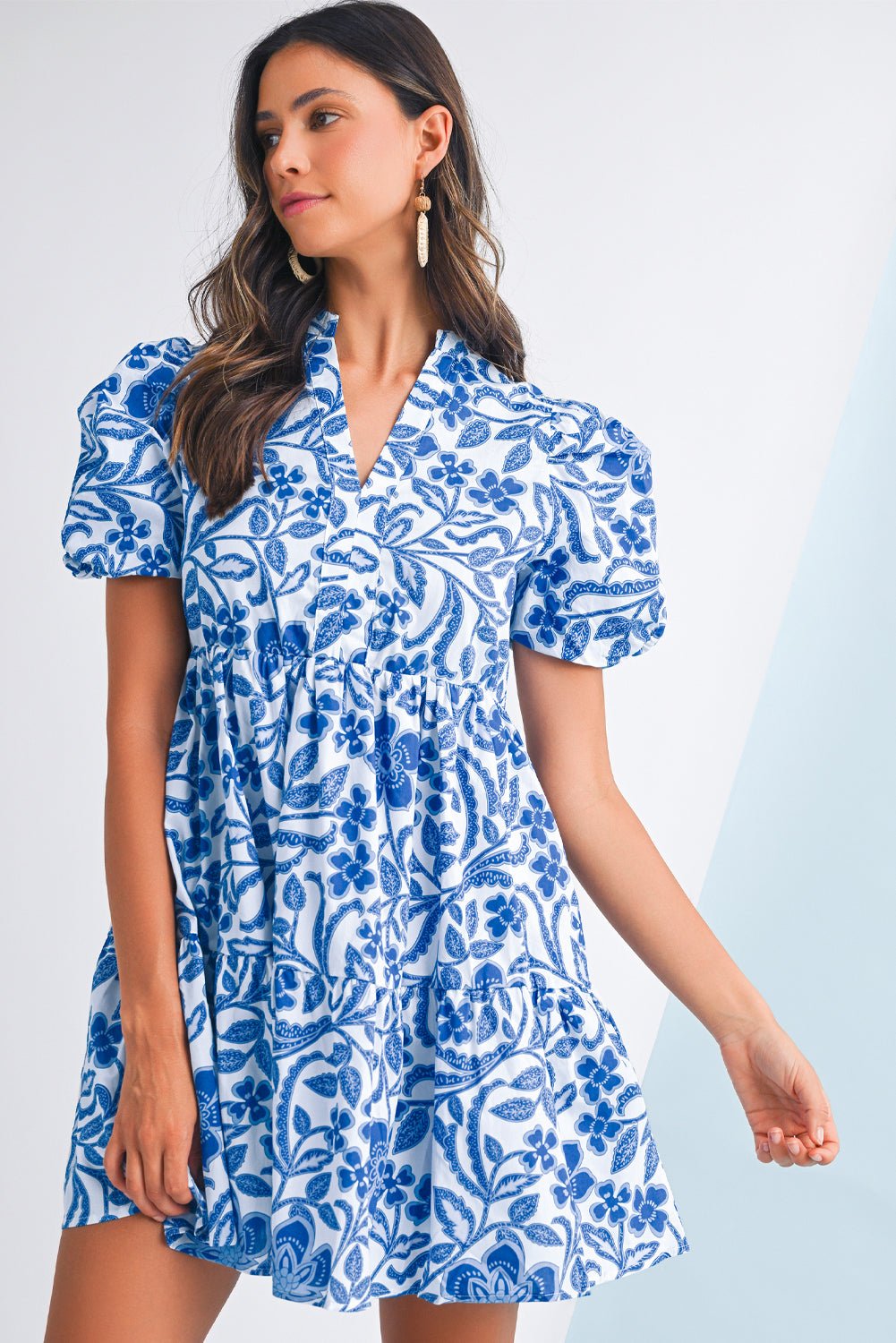 Blue Flower Print Puff Sleeve Ruffle Mini Dress - MAD RUFFI