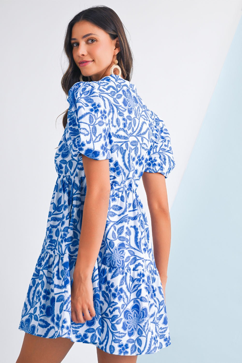 Blue Flower Print Puff Sleeve Ruffle Mini Dress - MAD RUFFI