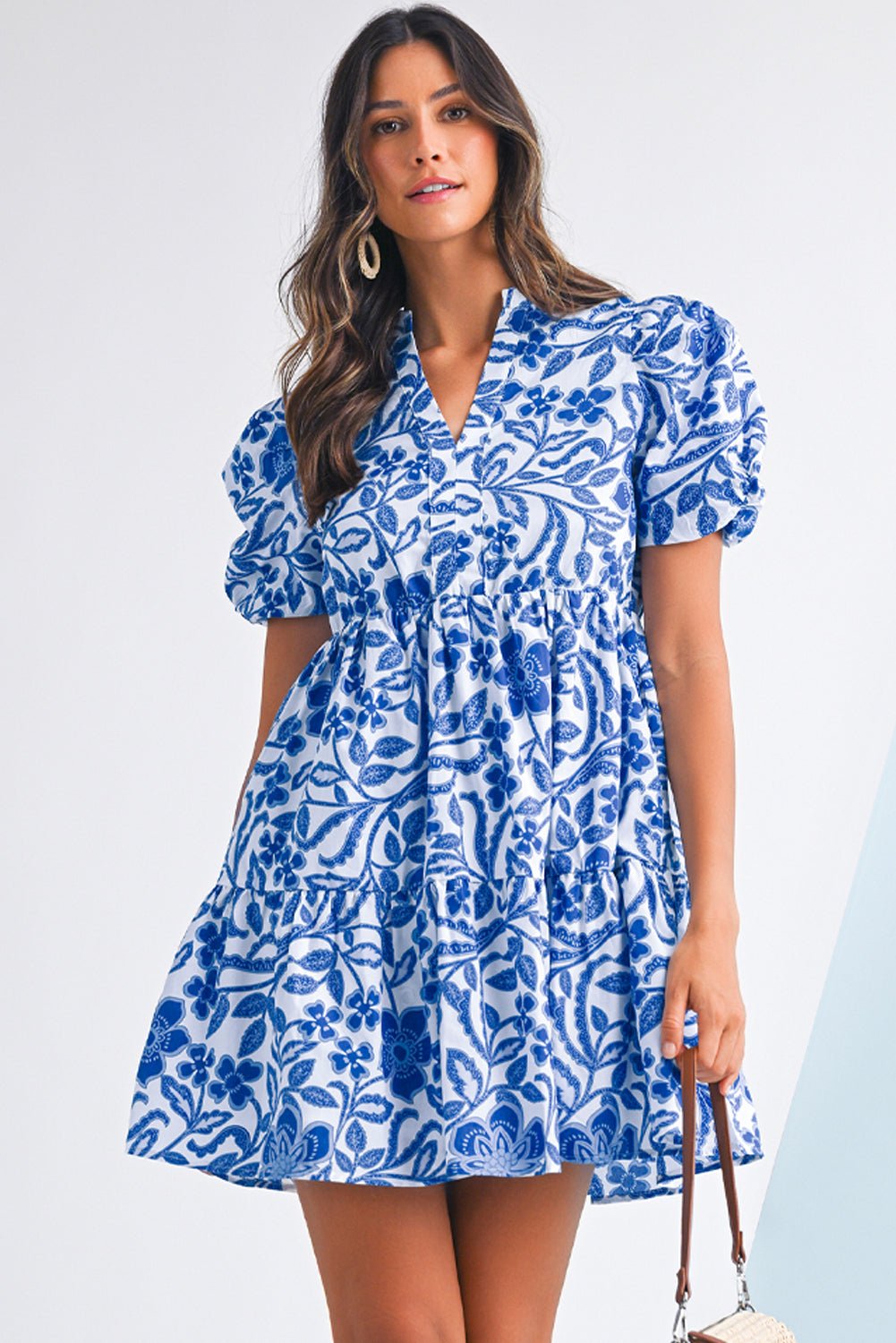 Blue Flower Print Puff Sleeve Ruffle Mini Dress - MAD RUFFI