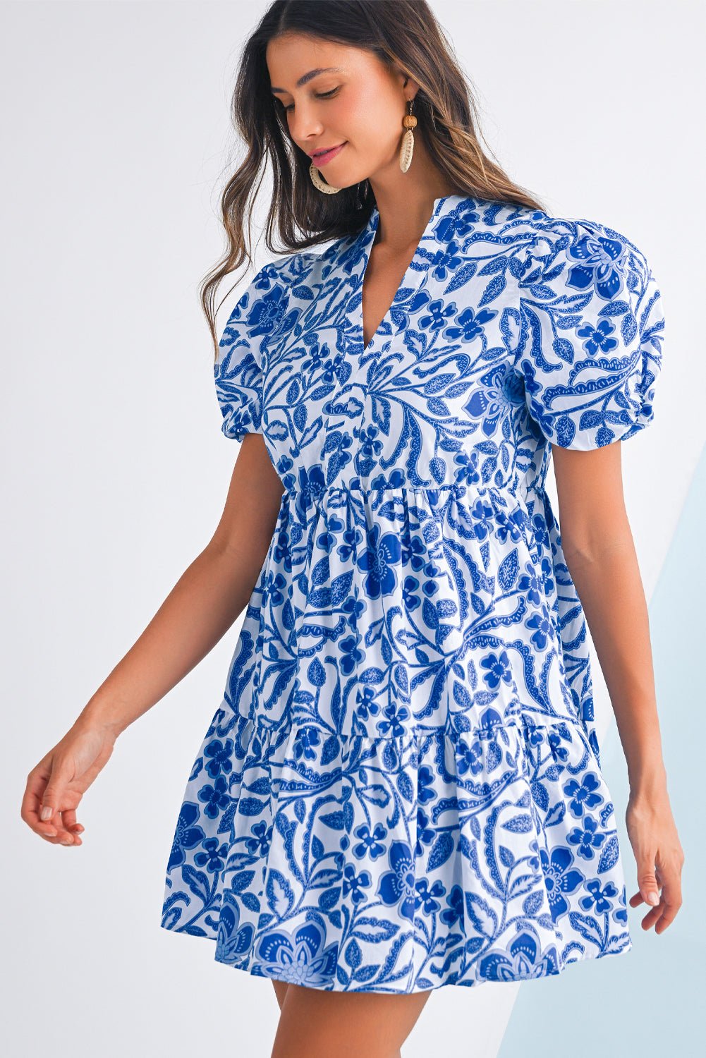 Blue Flower Print Puff Sleeve Ruffle Mini Dress - MAD RUFFI