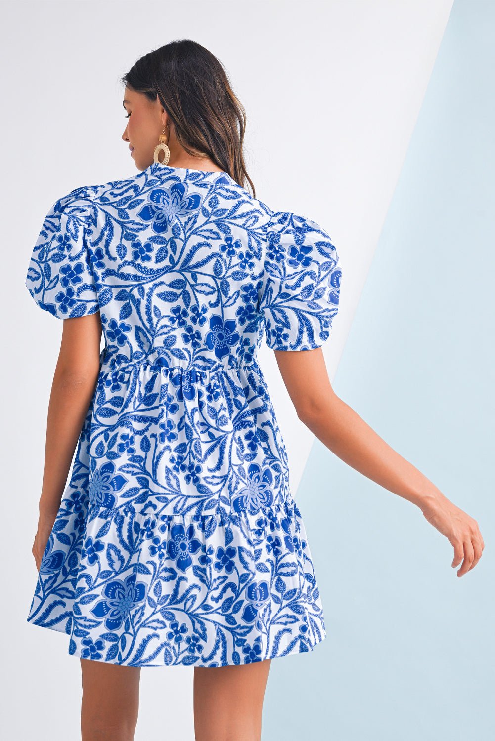 Blue Flower Print Puff Sleeve Ruffle Mini Dress - MAD RUFFI