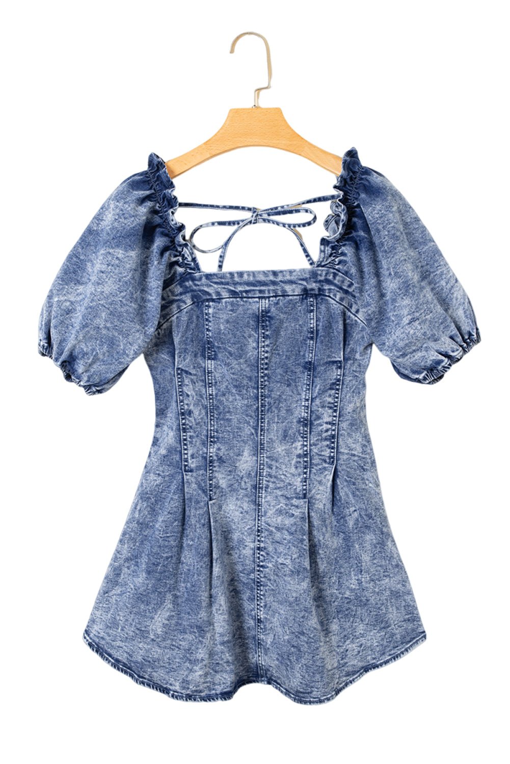 Blue Frill Square Neck Puff Sleeve Backless Denim Dress - MAD RUFFI
