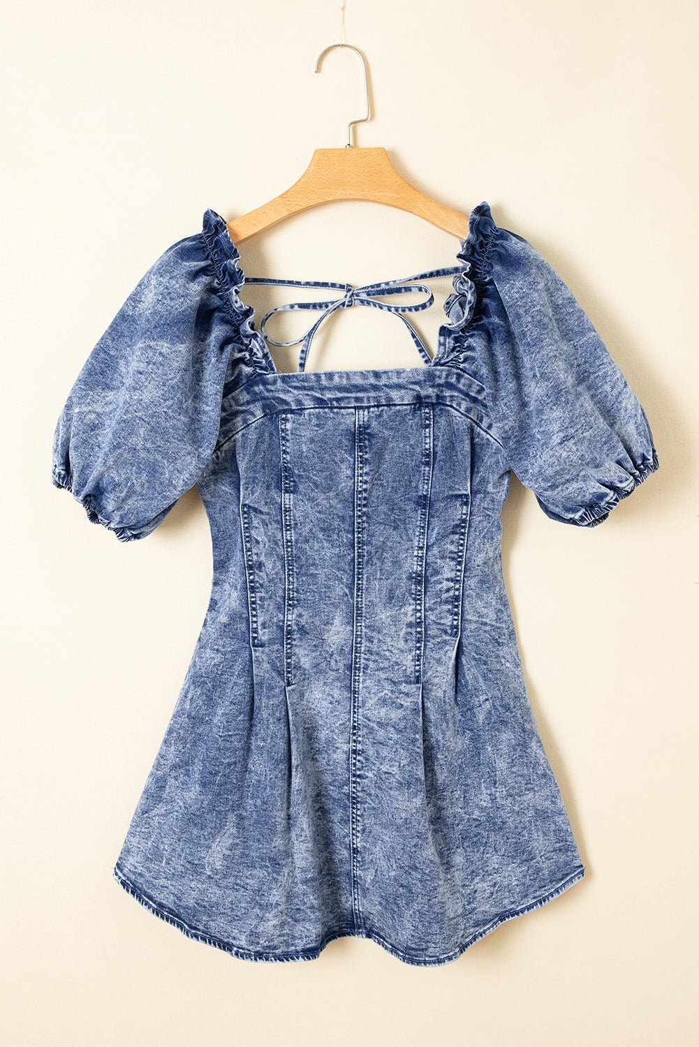 Blue Frill Square Neck Puff Sleeve Backless Denim Dress - MAD RUFFI