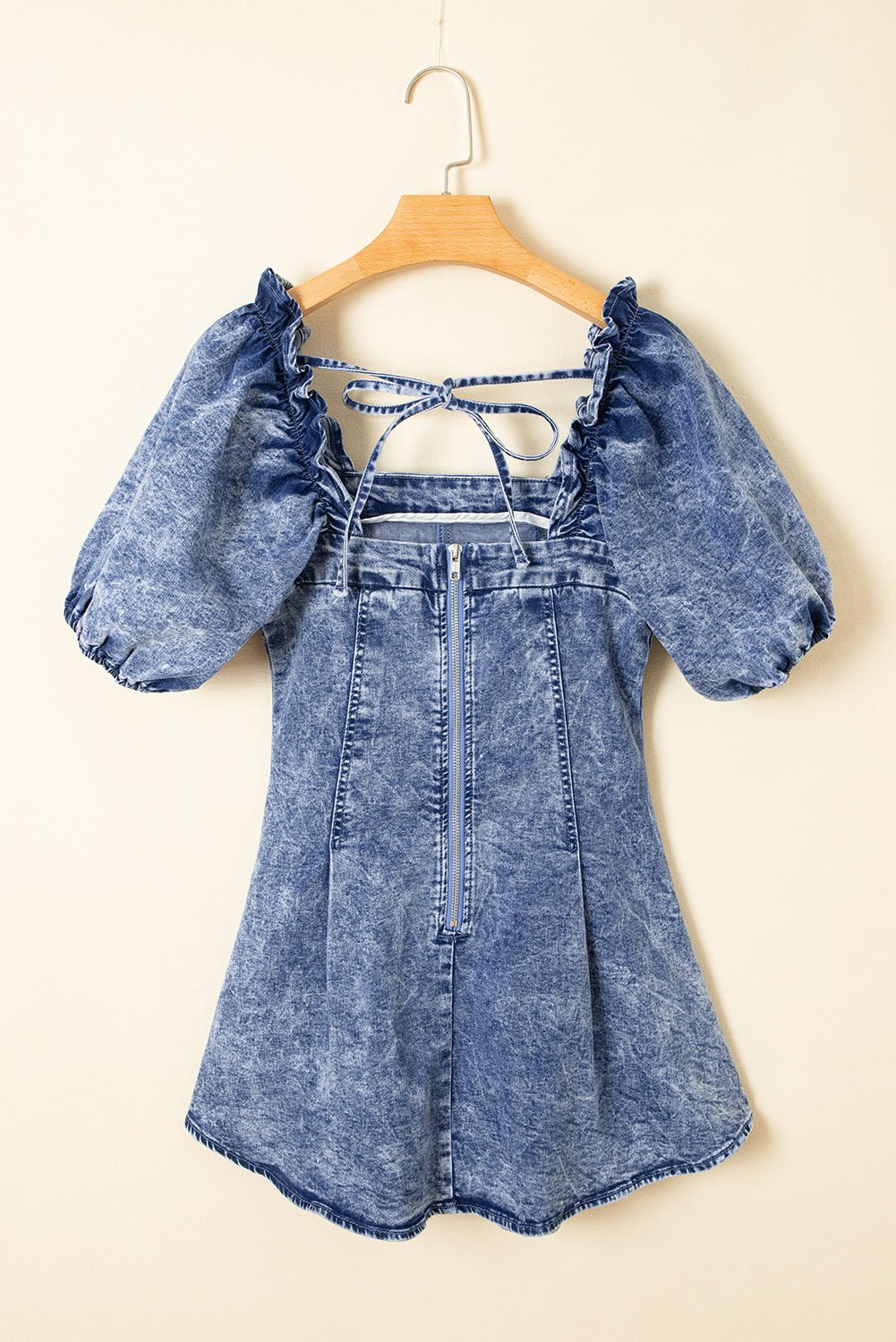 Blue Frill Square Neck Puff Sleeve Backless Denim Dress - MAD RUFFI