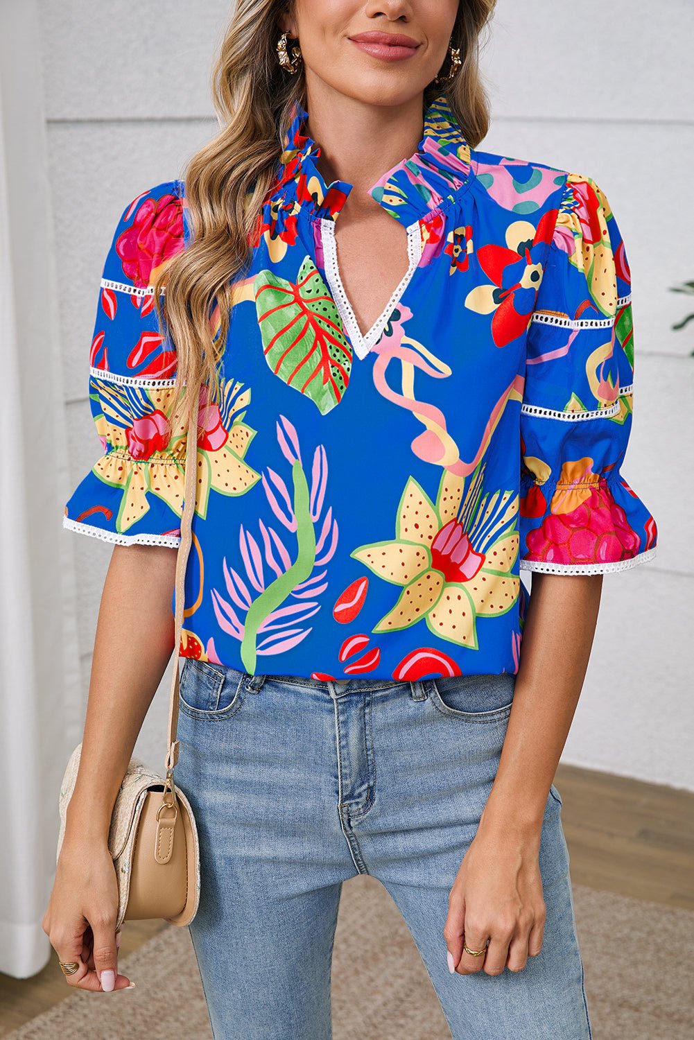 Blue Frill V - neck Abstract Print Blouse - MAD RUFFI