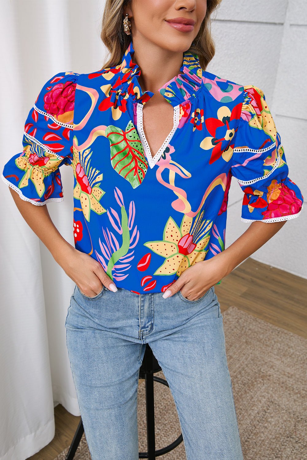 Blue Frill V - neck Abstract Print Blouse - MAD RUFFI