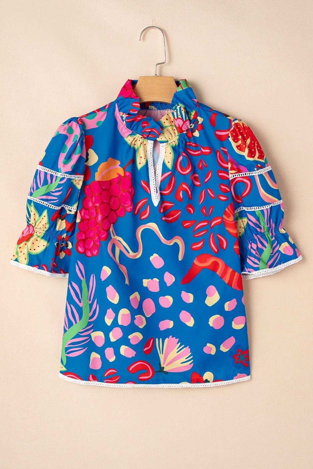 Blue Frill V - neck Abstract Print Blouse - MAD RUFFI