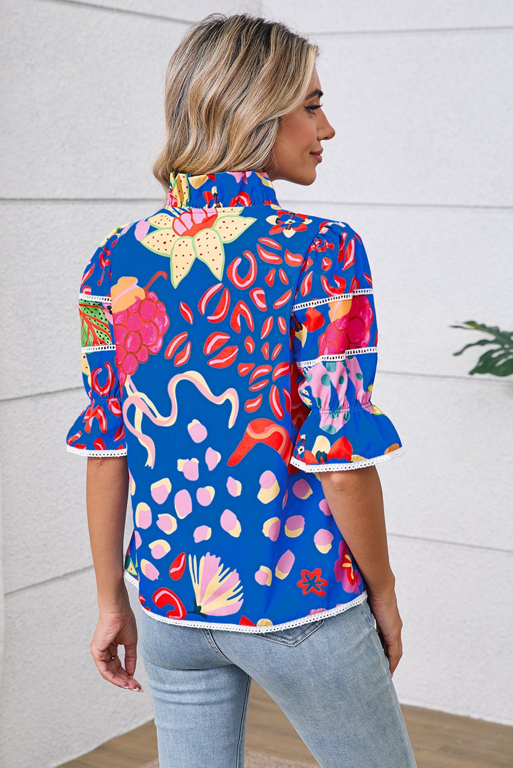 Blue Frill V - neck Abstract Print Blouse - MAD RUFFI