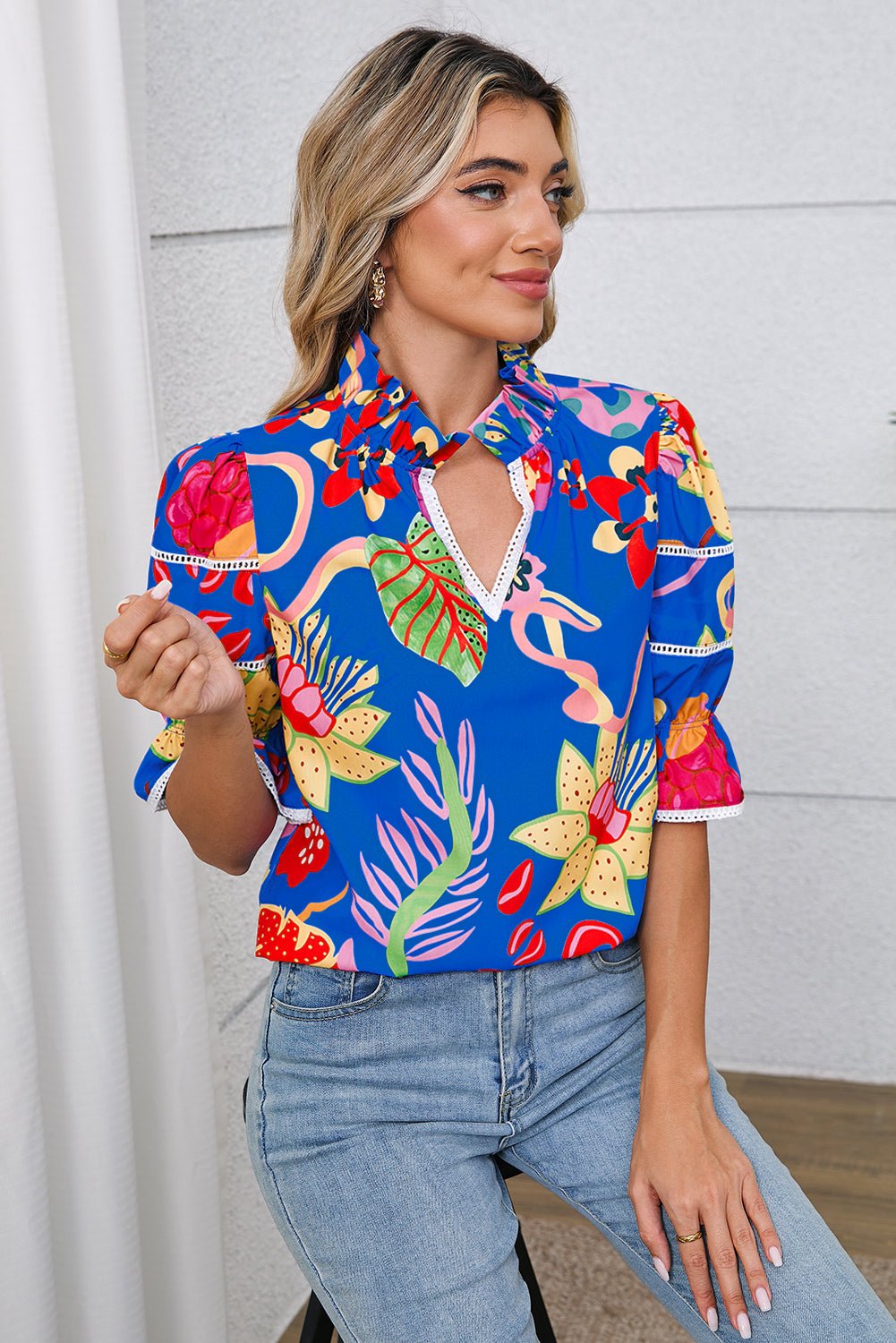 Blue Frill V - neck Abstract Print Blouse - MAD RUFFI