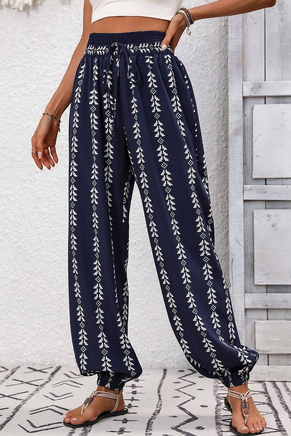 blue geometric print drawstring high waist pants - MAD RUFFI