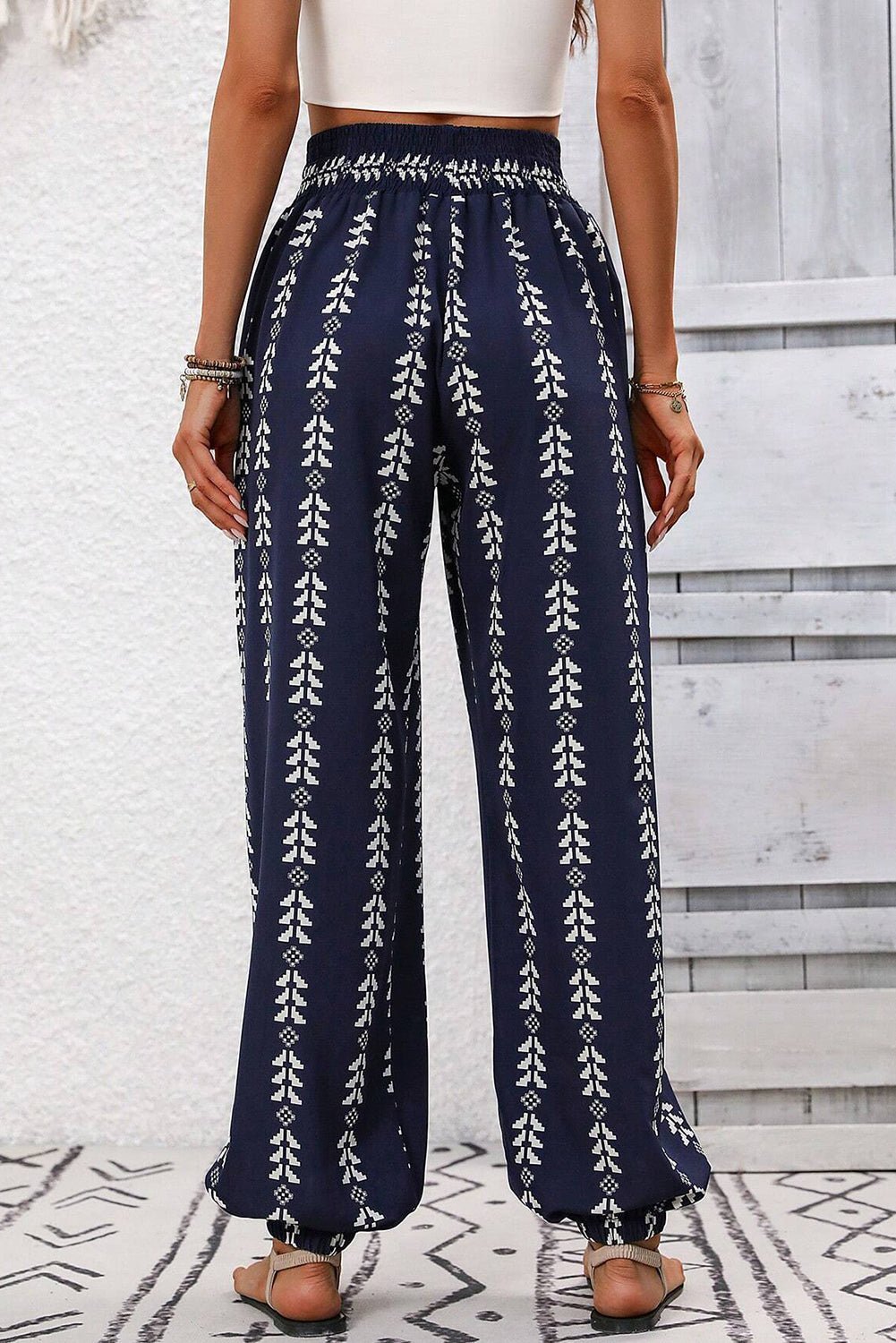 blue geometric print drawstring high waist pants - MAD RUFFI