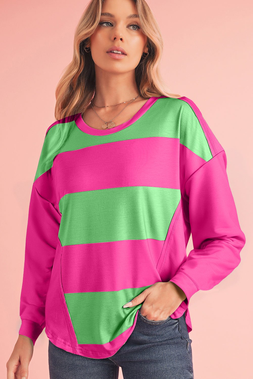 Blue Green Colorblock Drop Sleeve Round Neck Top - MAD RUFFI