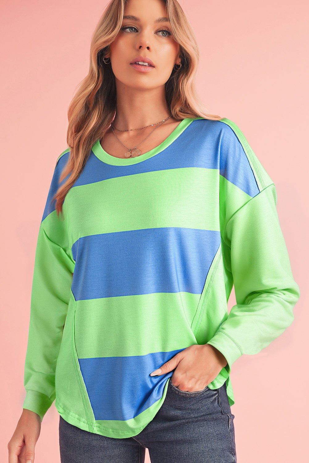 Blue Green Colorblock Drop Sleeve Round Neck Top - MAD RUFFI