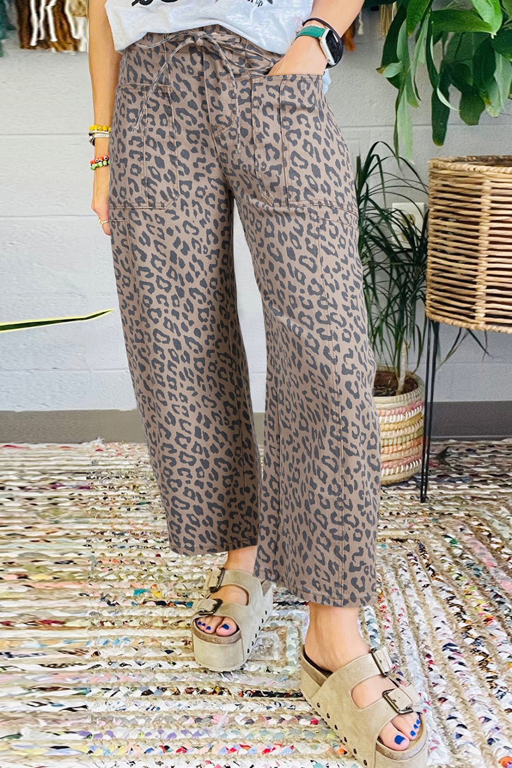 Blue Leopard Print Drawstring Waist Pocketed Wide Leg Jeans - MAD RUFFI